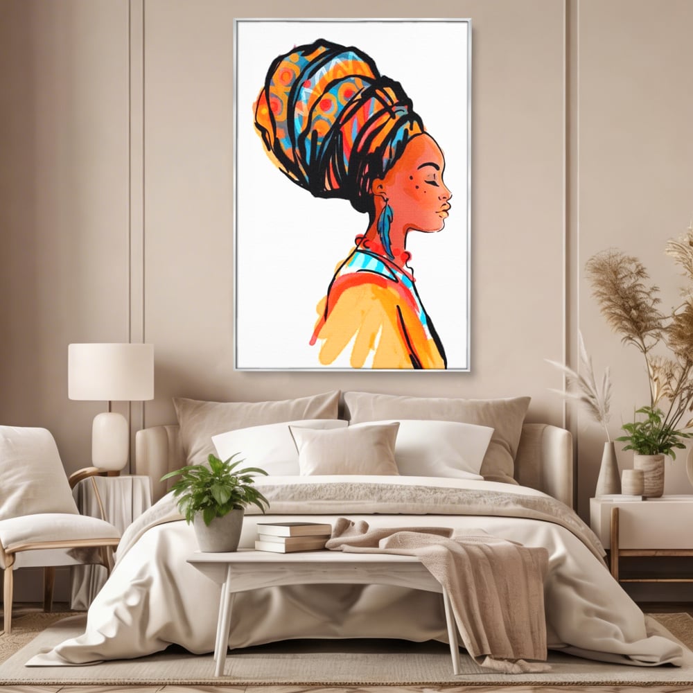 Tablou canvas cu ilustratie digitala cu profil de femeie, in rama de aluminiu argintiu, pe perete intr-un dormitor